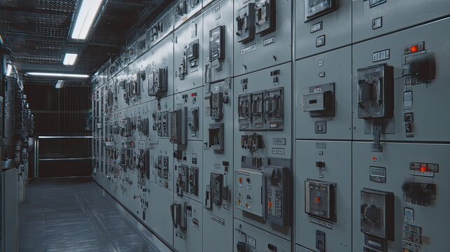 Industrial control room with electrical switchgear panels regula