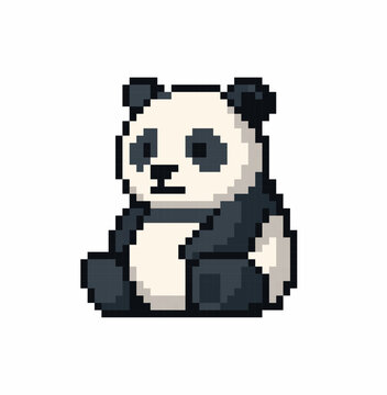 Cute pixel panda character sitting in a simple retro game style. Black and white animal mascot 