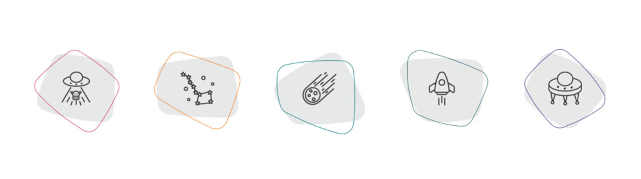 astronomy outline icon set. linear vector for ui, web and mobile. thin line ufo and cow, ursa major, meteorite falling icons.