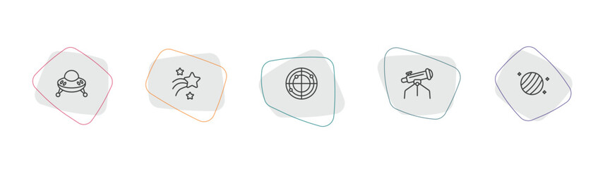 astronomy outline icon set. linear vector for ui, web and mobile. thin line ufo flying, shooting star, radar system icons. © Farahim