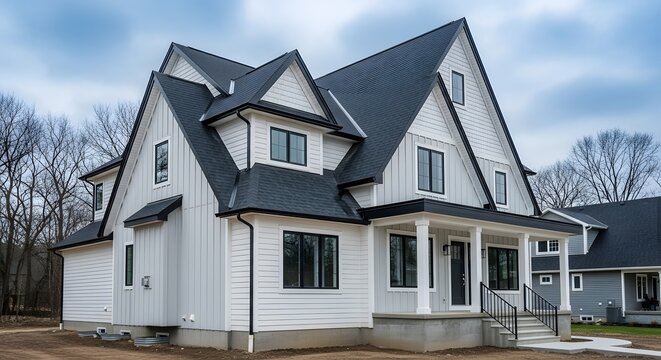 Charming two story home with gray and white exterior and gabled roofline