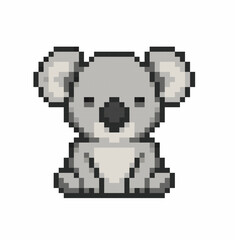 Obraz premium Adorable pixel koala bear character icon in classic retro game style. Gray marsupial animal with clean pixel edges, soft shading and friendly expression.