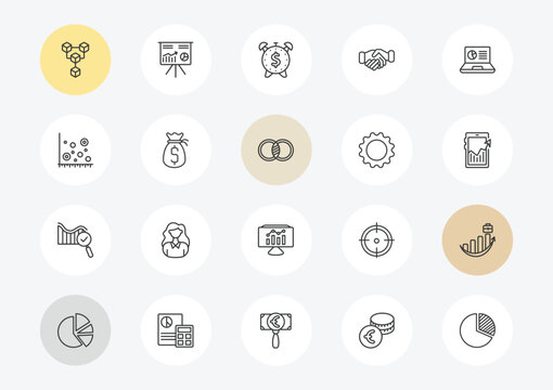 business outline icon set. linear vector for ui, web and mobile. thin line connection box chart, scatter chart, search analytics icons.