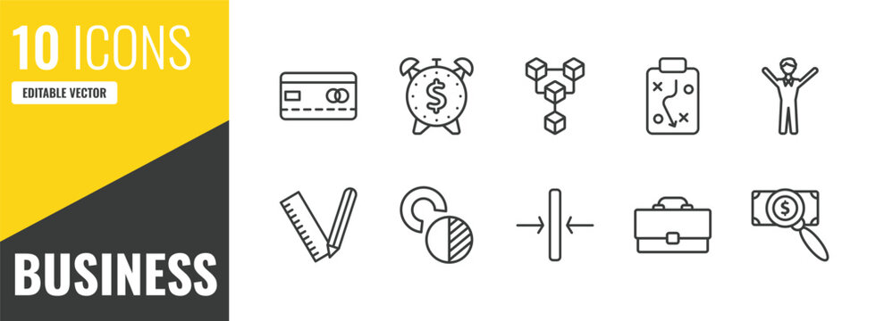business outline icon set. 10 linear vector for ui, web and mobile. thin line bank card, dollar on business time, connection box chart icons.
