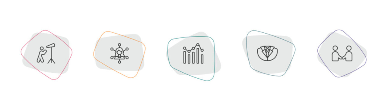 business outline icon set. linear vector for ui, web and mobile. thin line man looking, multitasking woman, graph icons.