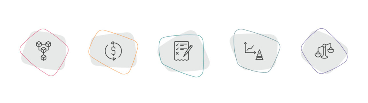 business outline icon set. linear vector for ui, web and mobile. thin line connection box chart, money convert, revision icons.