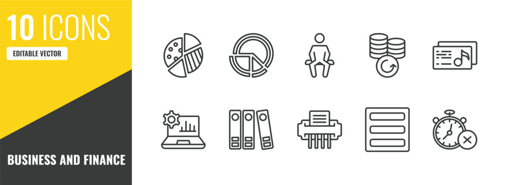 business and finance outline icon set. 10 linear vector for ui, web and mobile. thin line graph pie, pie chart file, sitting icons.