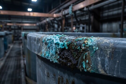 Macro close-up of an electrorefining tank rim built up with copper patina and anode slime