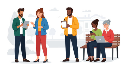 Obraz premium Diverse Group Collecting Data, Interacting, and Using Digital Technology Outdoors. Multi-generational men and women engaging with tablets, laptops, and smartphones.