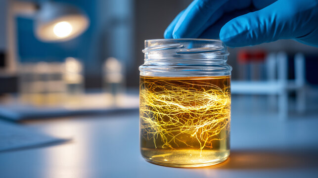 A cross-section jar sample of river water sits on a white lab bench, microplastic fibers clearly visible suspended in the liquid under strong overhead lighting, a gloved hand holds