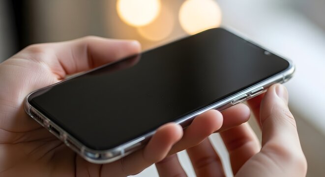 Two hands gently holding a modern smartphone with blank black screen, emphasizing sleek hardware design, reflective glass surface and the potential of unused digital space ready for apps, messages, ph