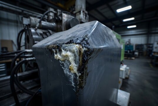 Macro close-up of an injection molding machine guard with cooled plastic purge and grease