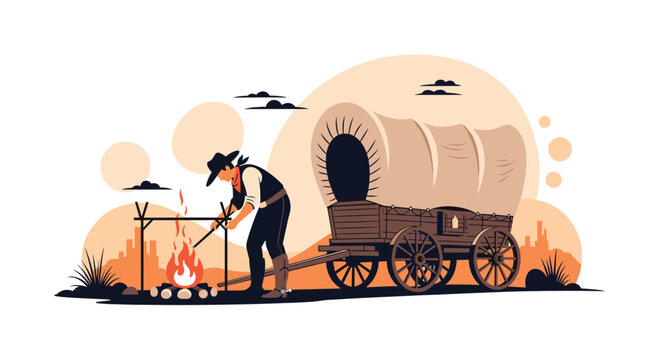 A cowboy from the wild west era tending to a campfire next to his covered wagon, set against a stylized desert landscape.