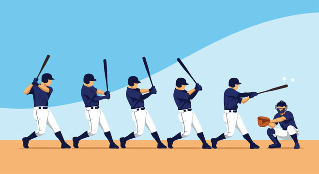 Sequence illustration showing the full motion of a baseball batter swinging and hitting a ball, with a catcher in the background.