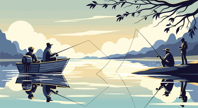 A tranquil scene of people fishing on a calm lake, with two in a boat and one on the shore, reflecting in the water.