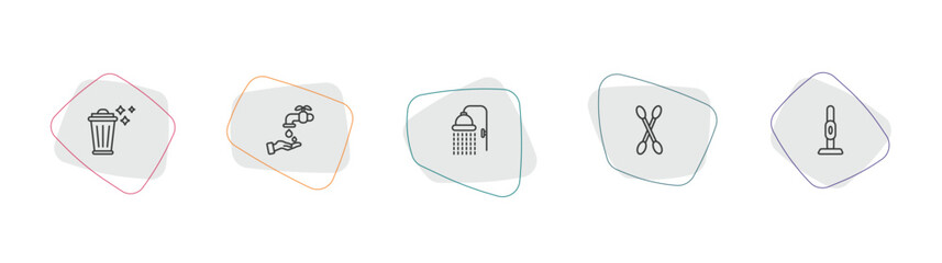 Fototapeta premium cleaning outline icon set. linear vector for ui, web and mobile. thin line trash cleanin, hand wash, shower head icons.