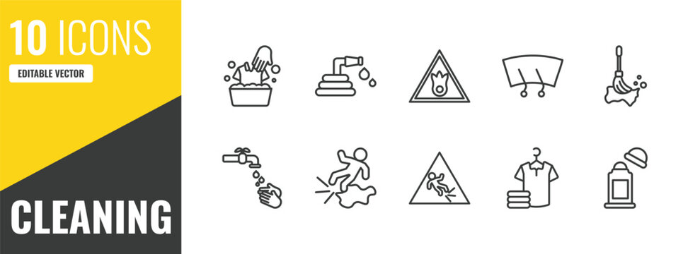 cleaning outline icon set. 10 linear vector for ui, web and mobile. thin line washing clothes, garden hose, oxidizing agent icons.