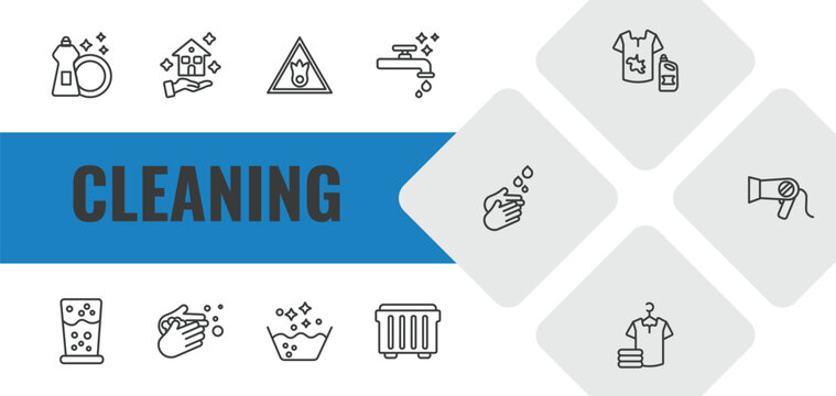 cleaning outline icon set. linear vector for ui, web and mobile. thin line dish soap, clean-living, oxidizing agent icons.