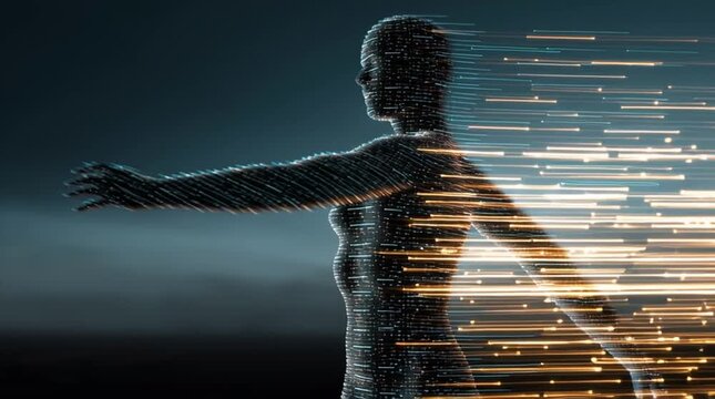 Human silhouette filled with flowing lines of code and glowing light, subtle motion blur, streams inside body, representing digital identity in a cinematic