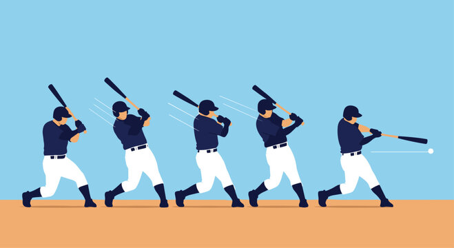 Step-by-step sequence illustration of a baseball player's swing, from batting stance to hitting the ball in a powerful motion.