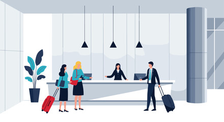 Fototapeta premium Hotel reception area with guests checking in, a female receptionist assisting them, and travelers with luggage waiting.