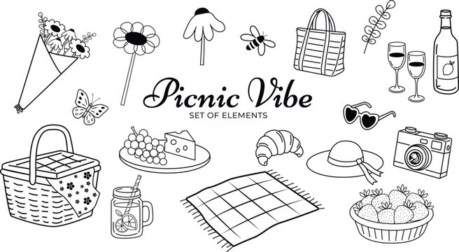 Hand Drawn Picnic Elements Set in Black Outline, Isolated on Transparent Background
