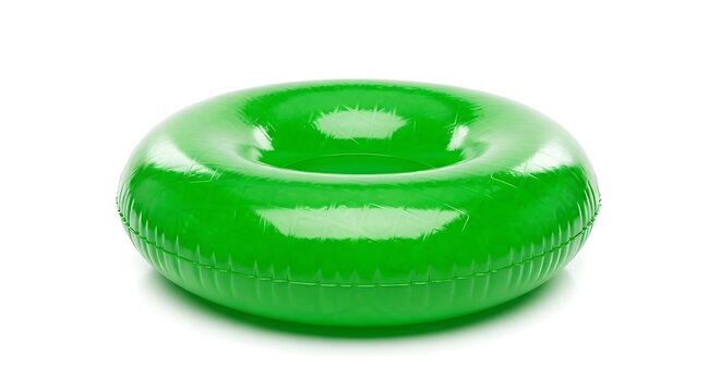 Bright green inflatable swimming ring for summer water fun, isolated on white background.