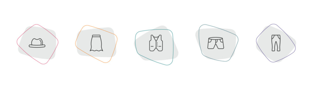 clothes outline icon set. linear vector for ui, web and mobile. thin line men hat, peplum skirt, waistcoat icons.