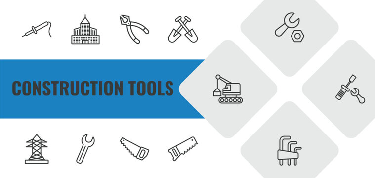construction tools outline icon set. linear vector for ui, web and mobile. thin line iron soldering, big building, plier icons.