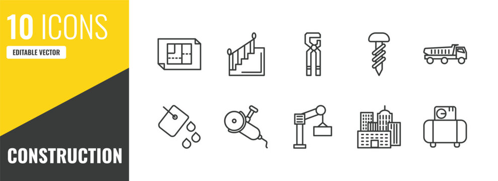 construction outline icon set. 10 linear vector for ui, web and mobile. thin line house plan, stairs with handle, big clippers icons.