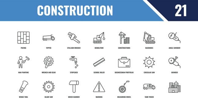 construction outline icon set. linear vector for ui, web and mobile. thin line tipper, angle grinder, businessman portfolio icons.