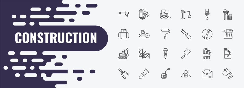 construction outline icon set. linear vector for ui, web and mobile. thin line pantone, trolley truck, pulley hook icons.