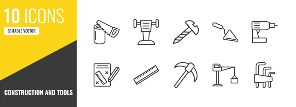 construction and tools outline icon set. 10 linear vector for ui, web and mobile. thin line wood saw, rammer, screw icons.