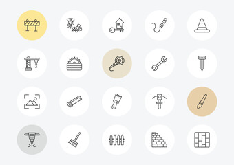 Fototapeta premium construction outline icon set. linear vector for ui, web and mobile. thin line road barrier, derrick facing right, wallpaper icons.