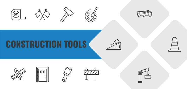 construction tools outline icon set. linear vector for ui, web and mobile. thin line five meters ruler, flags crossed, sledge hammer icons.