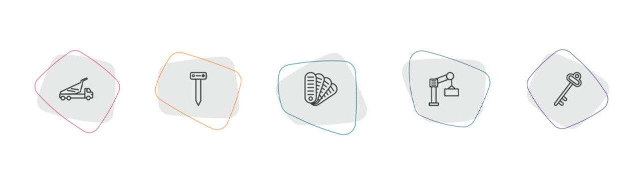 construction tools outline icon set. linear vector for ui, web and mobile. thin line dump truck, boning rod, pantone icons.