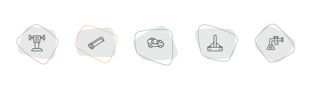 construction outline icon set. linear vector for ui, web and mobile. thin line rammer, hacksaw, fuel truck icons.
