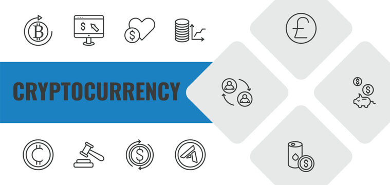 cryptocurrency outline icon set. linear vector for ui, web and mobile. thin line crypto invest, online banking, donate icons.