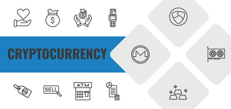 cryptocurrency outline icon set. linear vector for ui, web and mobile. thin line donation, money bag, saving icons.