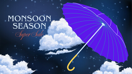 Seasonal event promotion featuring a striking purple umbrella against a dramatic cloudy night sky, suitable for advertising special offers and discounts © elfatih