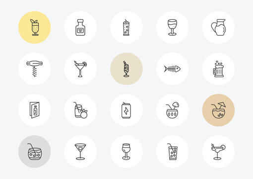 drinks outline icon set. linear vector for ui, web and mobile. thin line mint julep, sorkscrew, wine list icons.