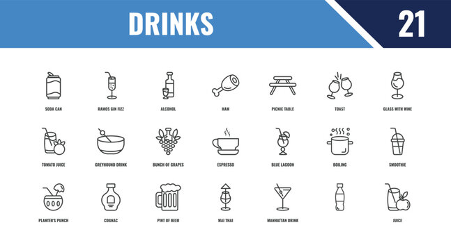 drinks outline icon set. linear vector for ui, web and mobile. thin line ramos gin fizz, glass with wine, blue lagoon icons.