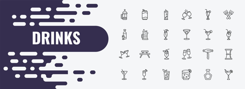 drinks outline icon set. linear vector for ui, web and mobile. thin line soda can, tom collins, tequila sunrise icons.