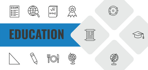 education outline icon set. linear vector for ui, web and mobile. thin line exam, browsing, math book icons. © Farahim