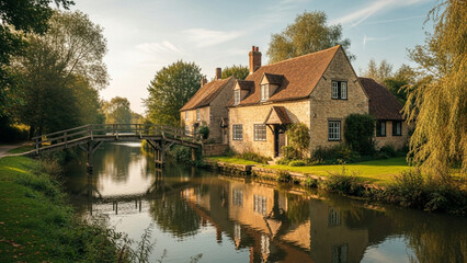 Obraz premium Traditional Stone Cottage by River with Wooden Bridge at Sunrise