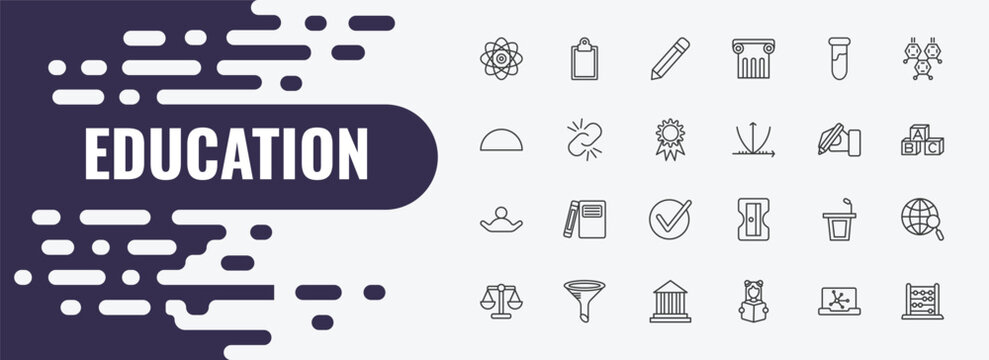 education outline icon set. linear vector for ui, web and mobile. thin line blank clipboard, pen, tube icons.