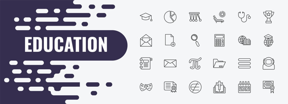 education outline icon set. linear vector for ui, web and mobile. thin line pie chart, newton cradle, cardiology tool icons.