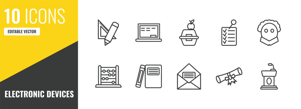 electronic devices outline icon set. 10 linear vector for ui, web and mobile. thin line school supplies, chalkboard, lunch box icons.