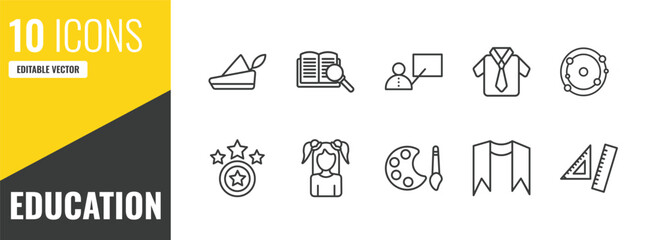 education outline icon set. 10 linear vector for ui, web and mobile. thin line robin hood, book and magnifier, teacher with stick icons. © Farahim