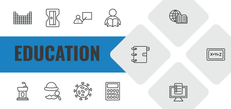 education outline icon set. linear vector for ui, web and mobile. thin line periodic table, sharpener, teacher with stick icons.